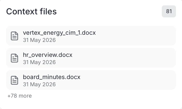 Context files of the sample project: a CIM draft, an HR overview and board minutes, plus 78 more