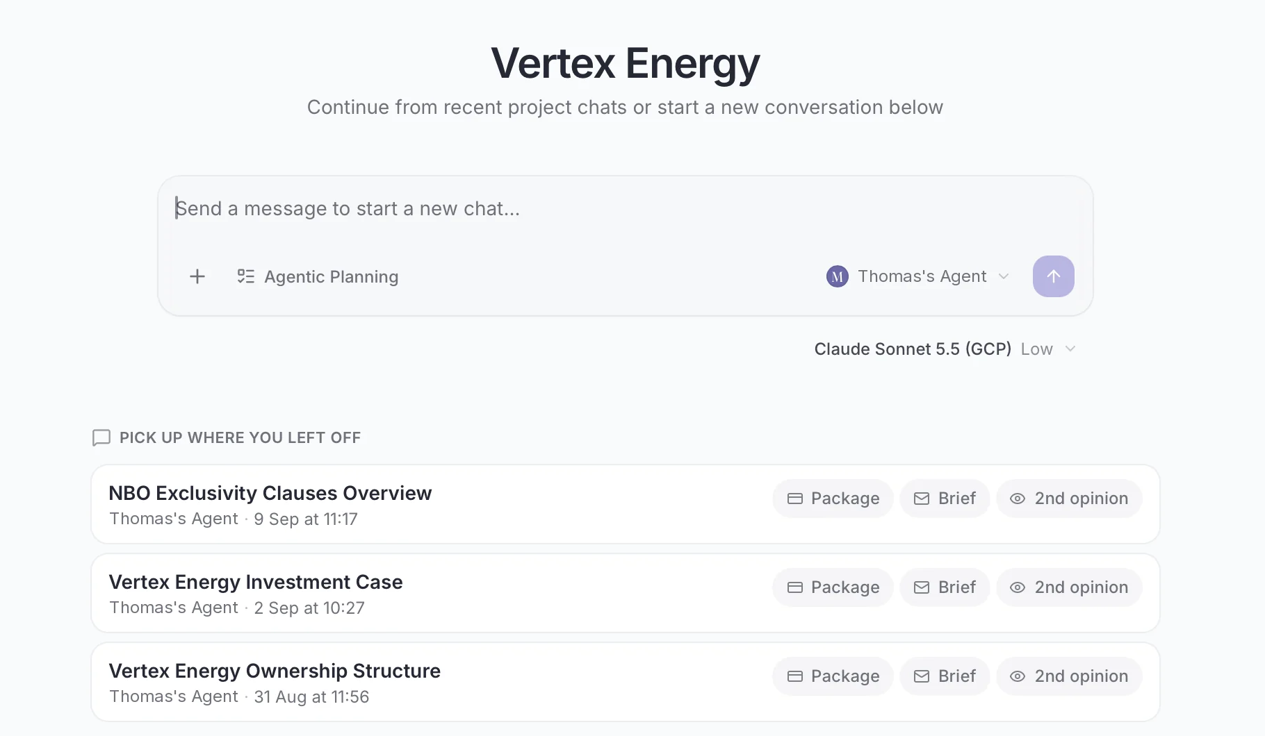 Mindro project space for a sample mandate: start a new chat with an agent, choose the model, and pick up recent project chats such as an investment case and an ownership structure